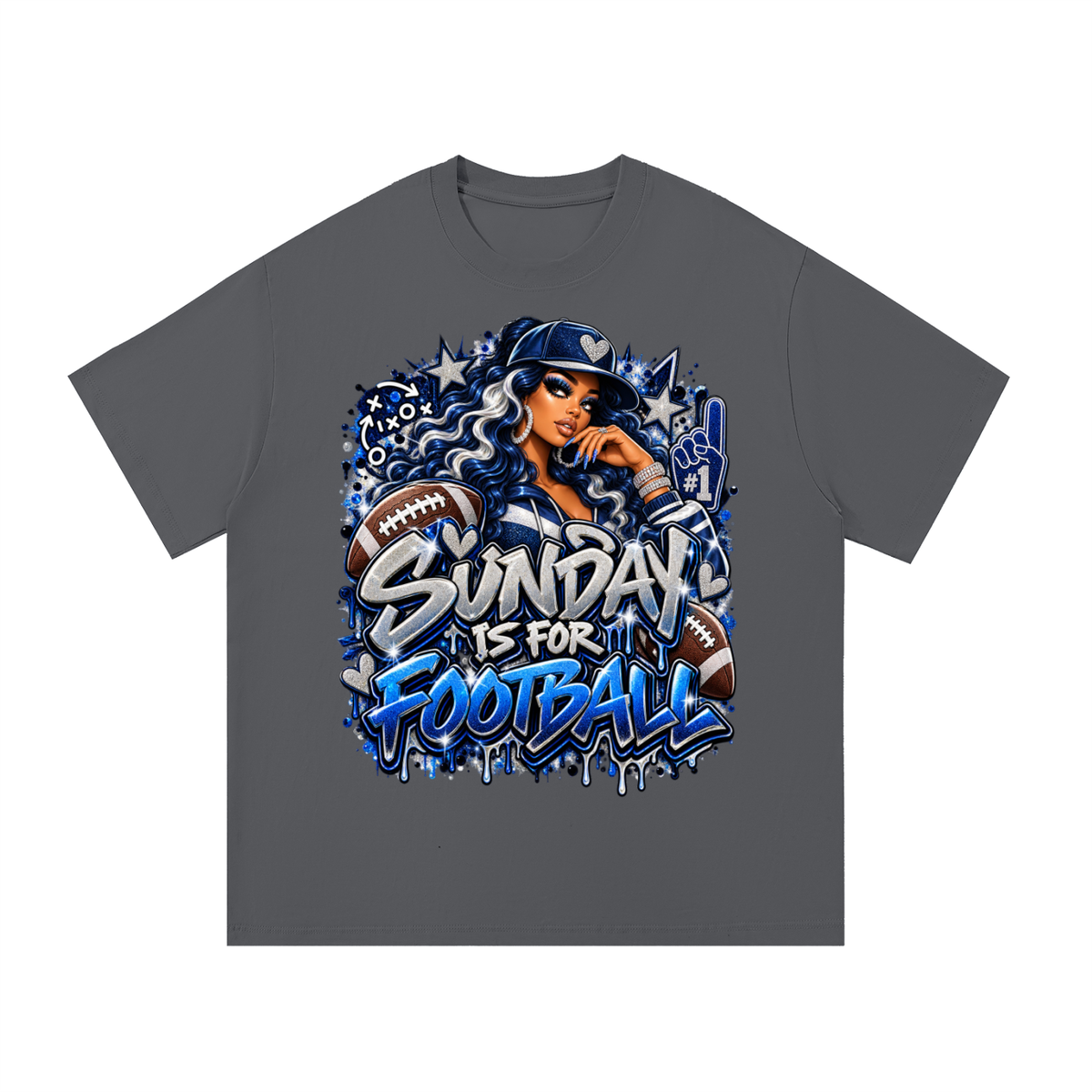 Sunday Is for Football – Navy Blue & Silver Graphic T-Shirt