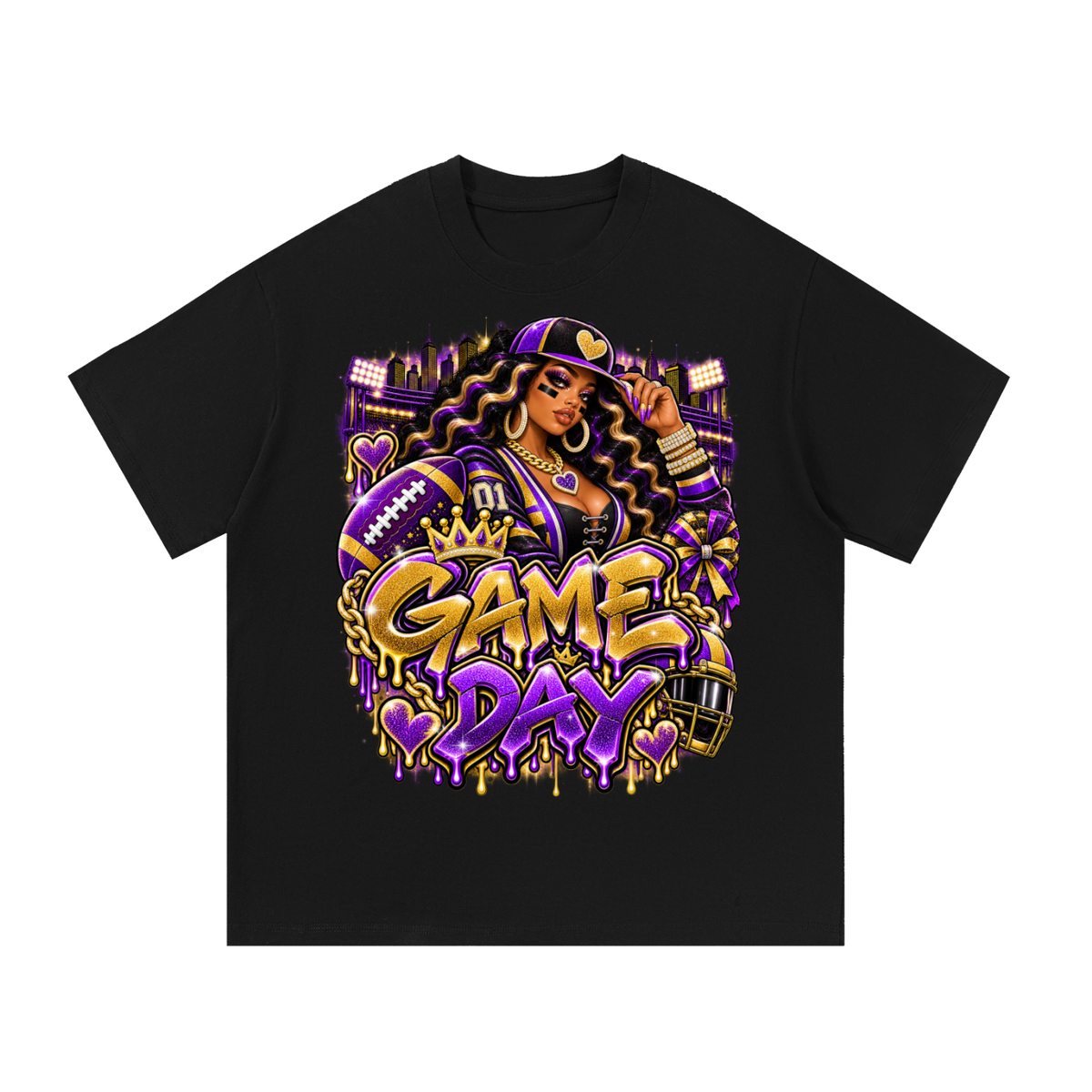Purple & Gold Game Day Queen – Women's Football Graphic T-Shirt