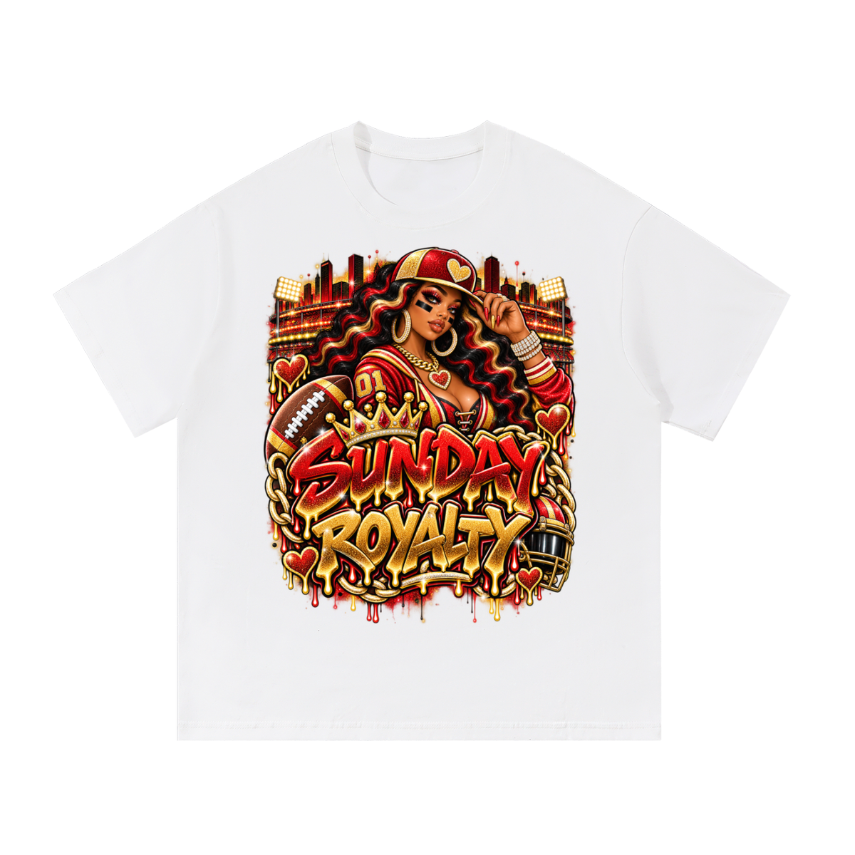 Sunday Royalty – Red & Gold Football Glam Graphic T-Shirt