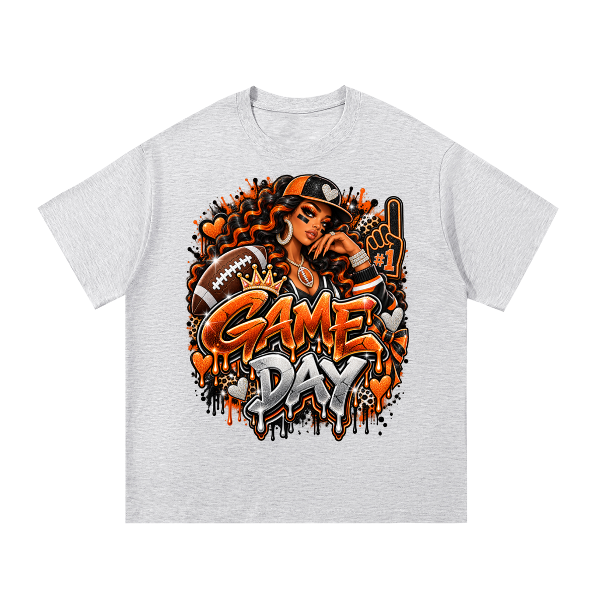 Orange & Black Game Day Queen – Football Glam Graphic T-Shirt