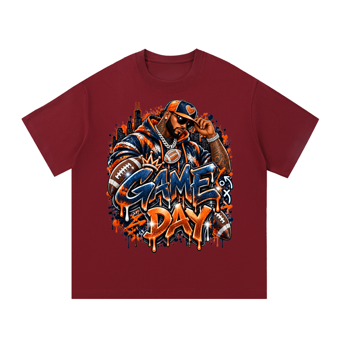 Windy City Game Day – Navy & Orange Football Graphic T-Shirt