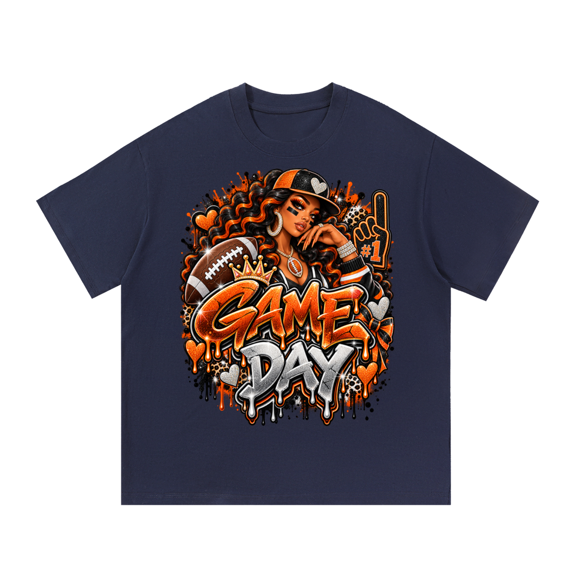 Orange & Black Game Day Queen – Football Glam Graphic T-Shirt