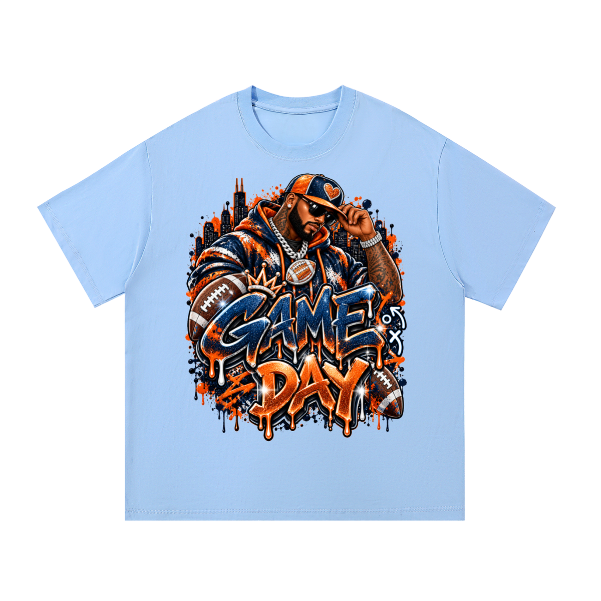 Windy City Game Day – Navy & Orange Football Graphic T-Shirt