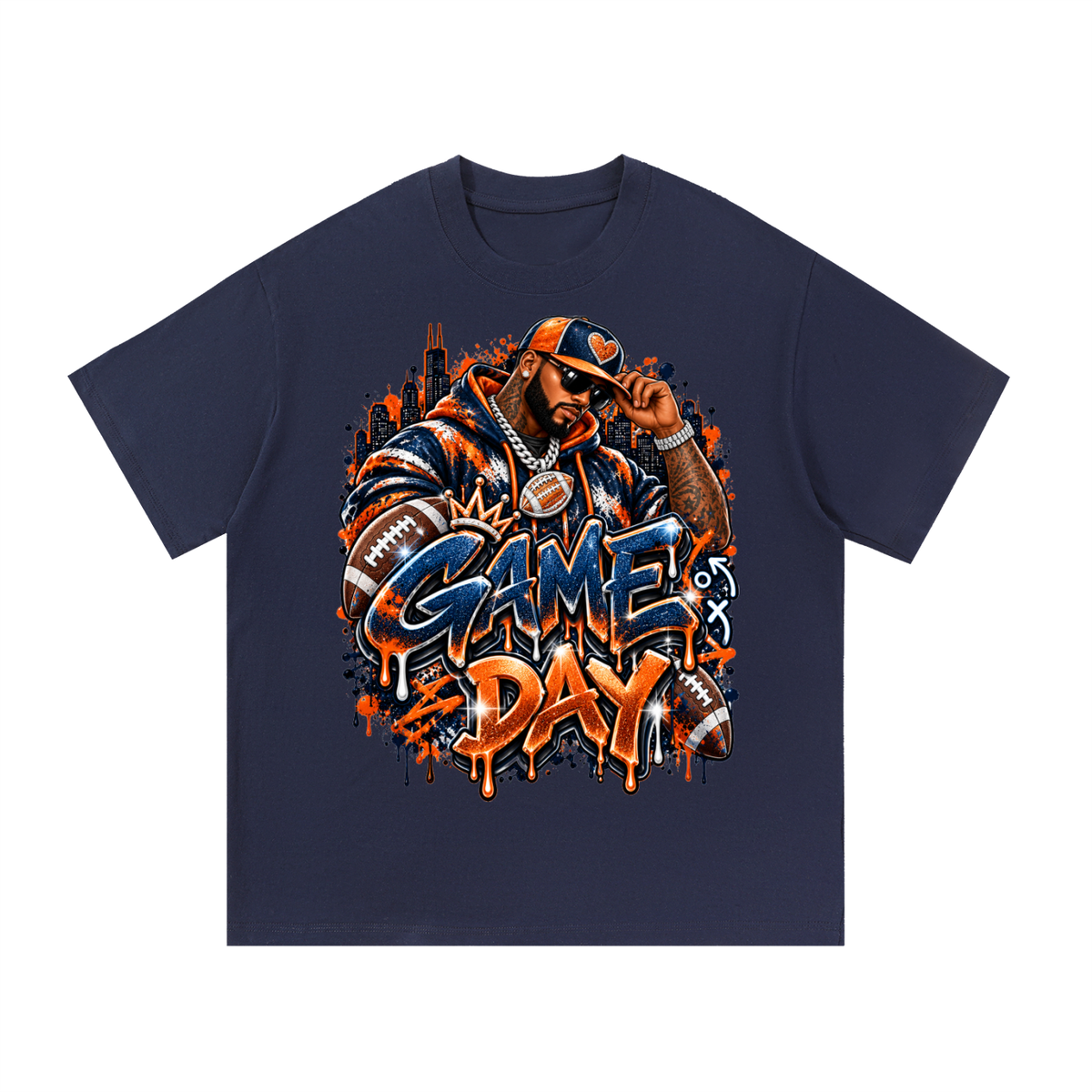 Windy City Game Day – Navy & Orange Football Graphic T-Shirt