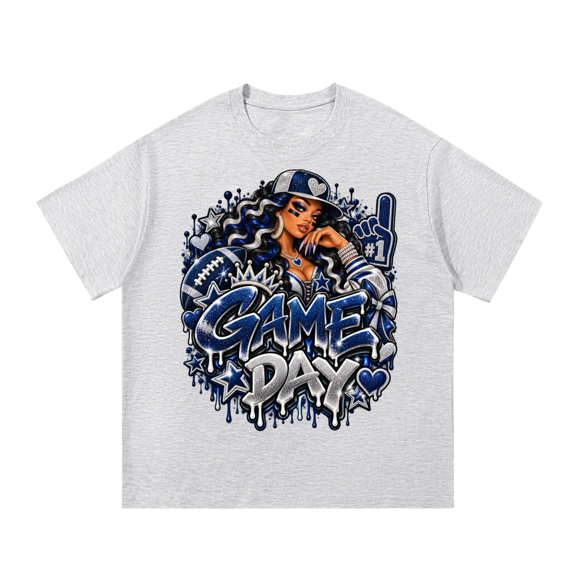 Silver & Navy Game Day Glam – Women's Football Graphic T-Shirt