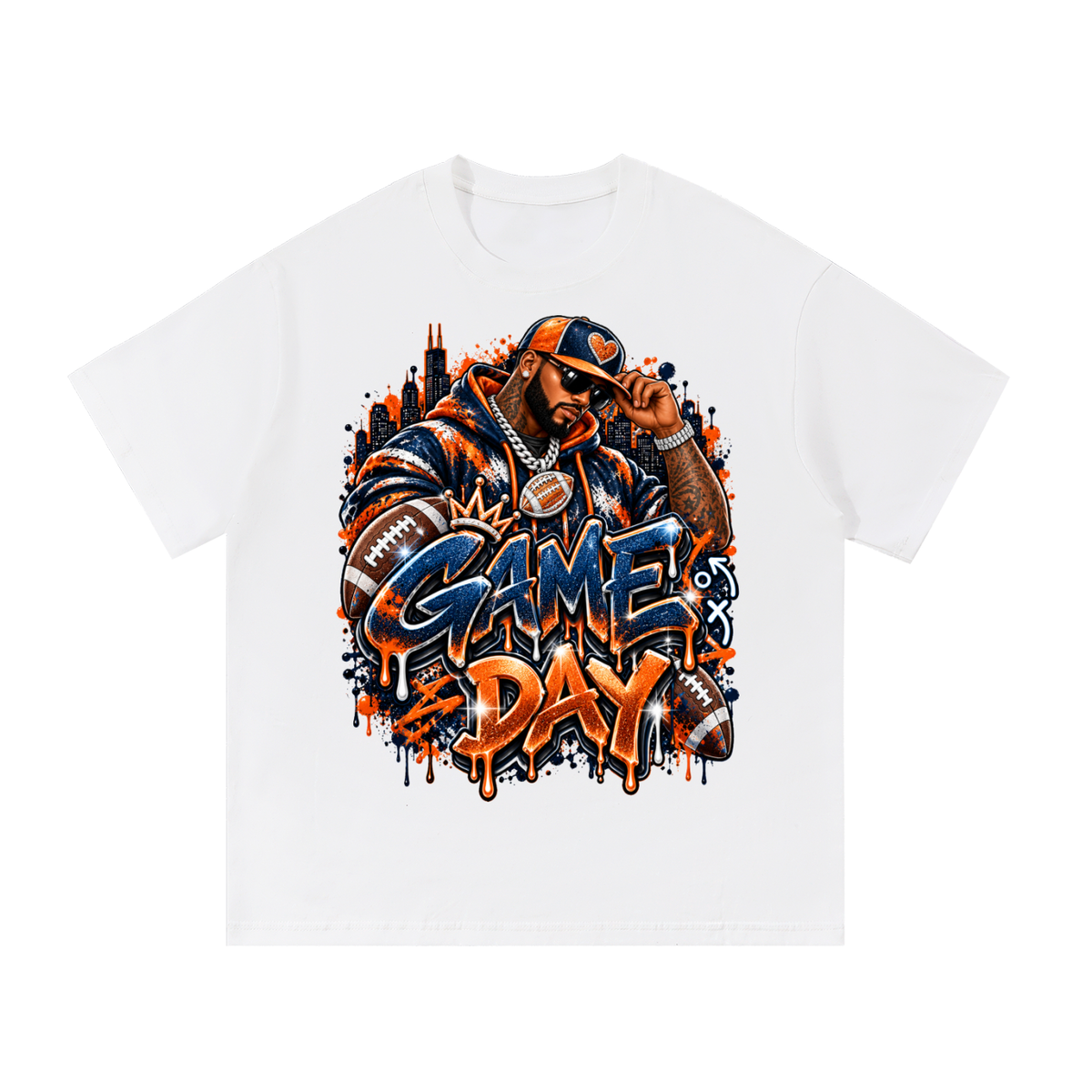 Windy City Game Day – Navy & Orange Football Graphic T-Shirt