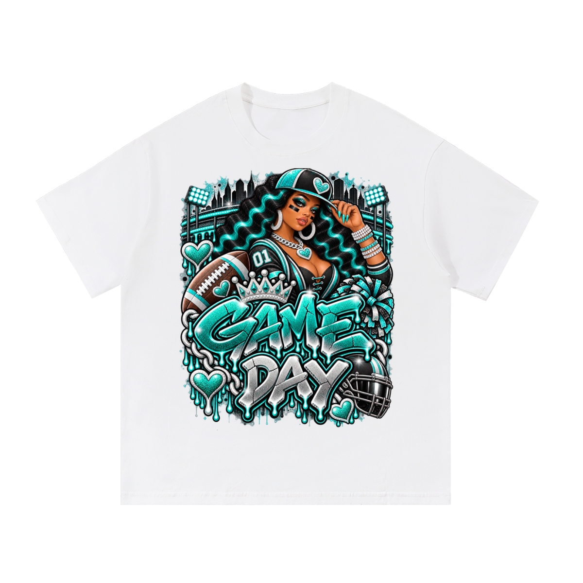 Teal Game Day Glam – Women's Football Graphic T-Shirt