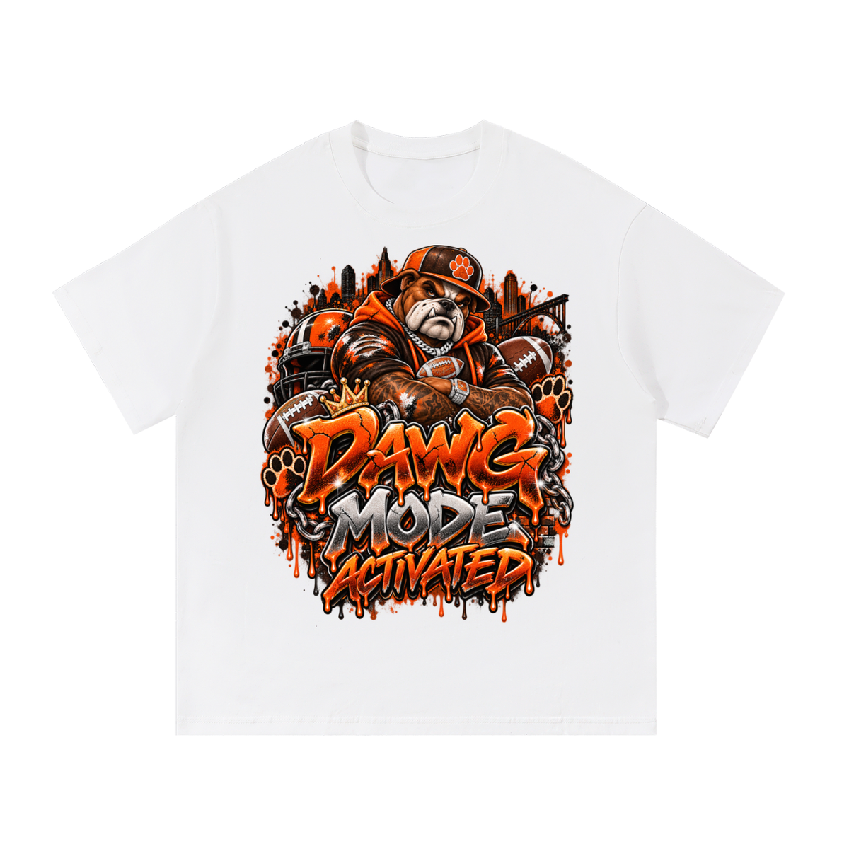 Dawg Mode Activated – Orange & Brown Football Graphic T-Shirt