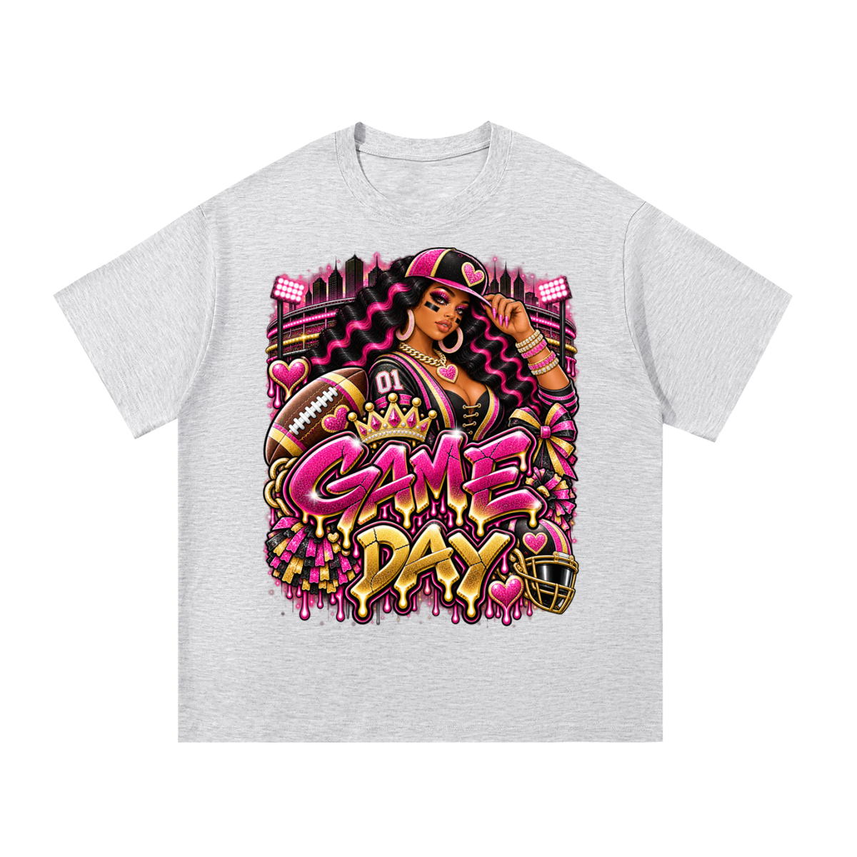 Pink & Gold Game Day Queen – Women's Football Graphic T-Shirt