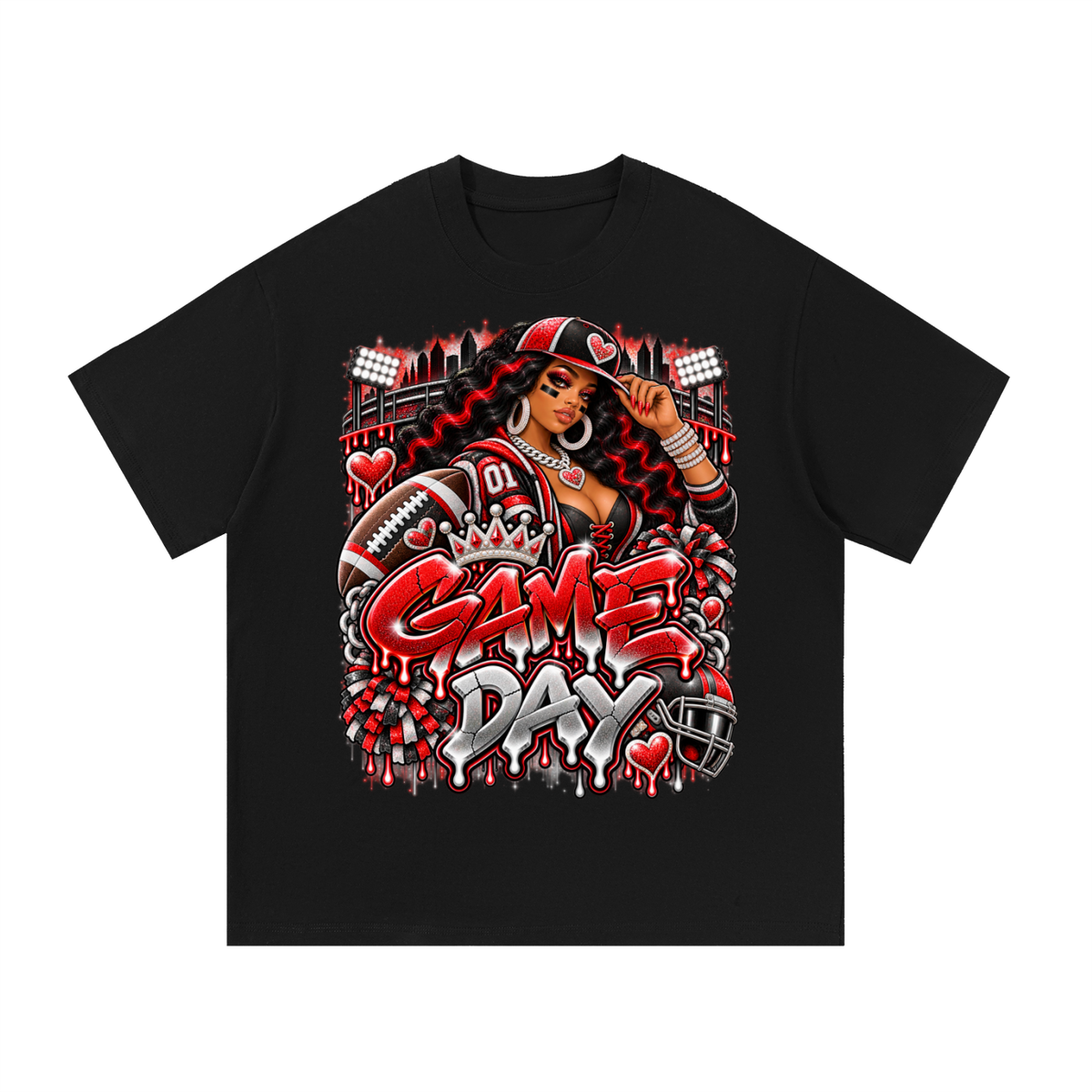 Red & Black Game Day Glam – Women's Football Graphic T-Shirt