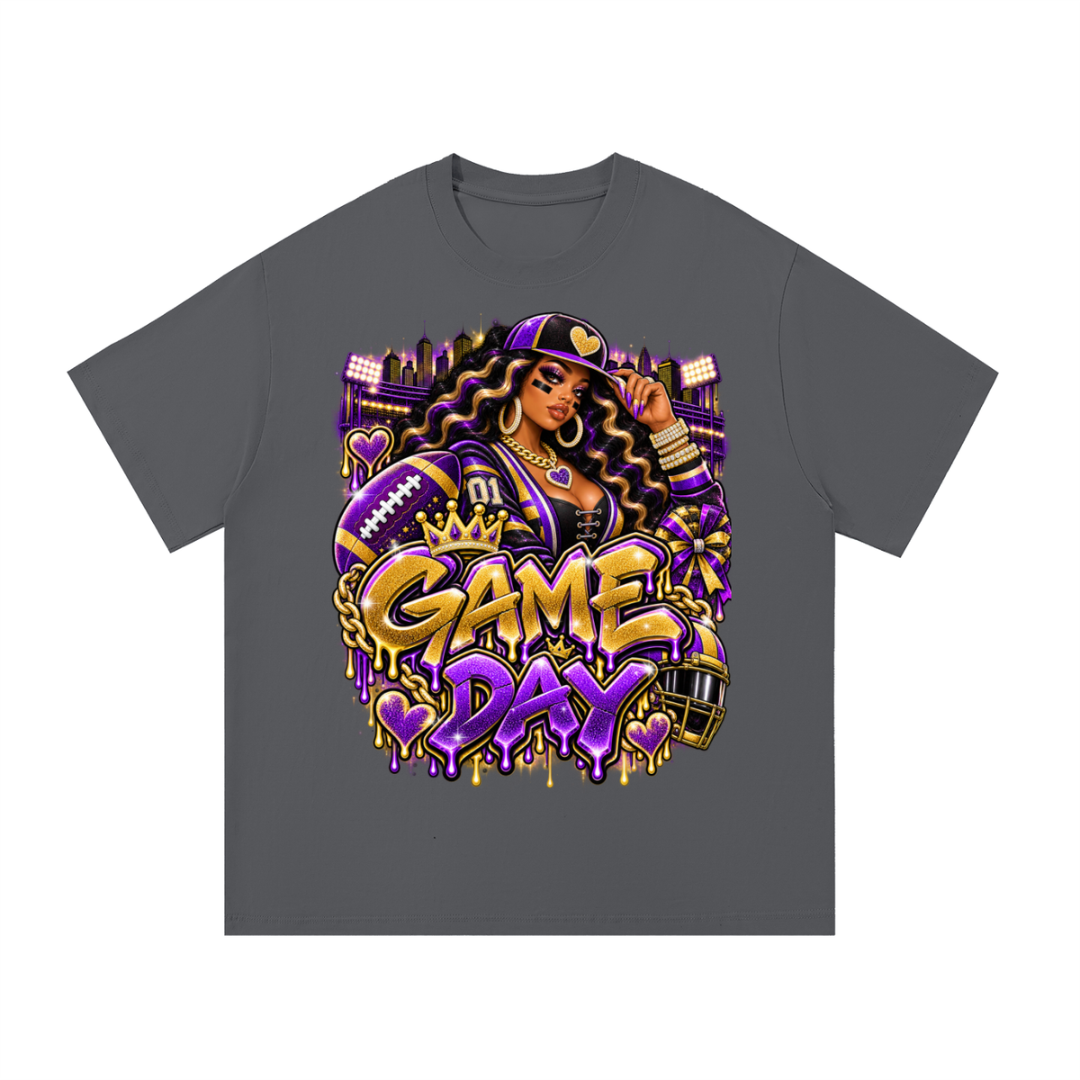 Purple & Gold Game Day Queen – Women's Football Graphic T-Shirt