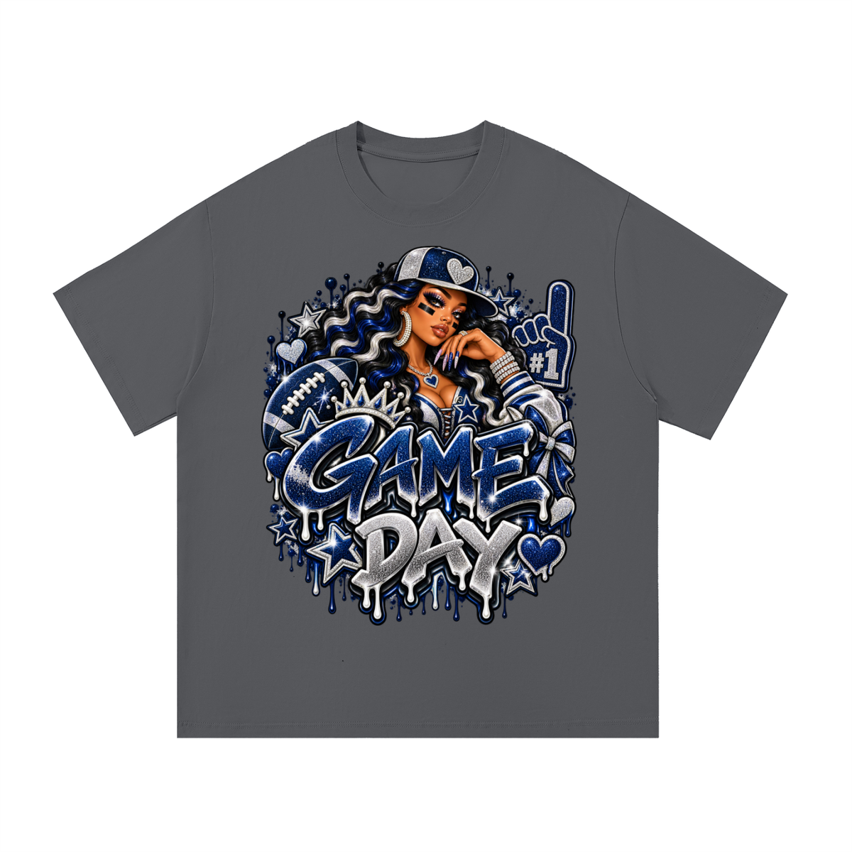 Silver & Navy Game Day Glam – Women's Football Graphic T-Shirt