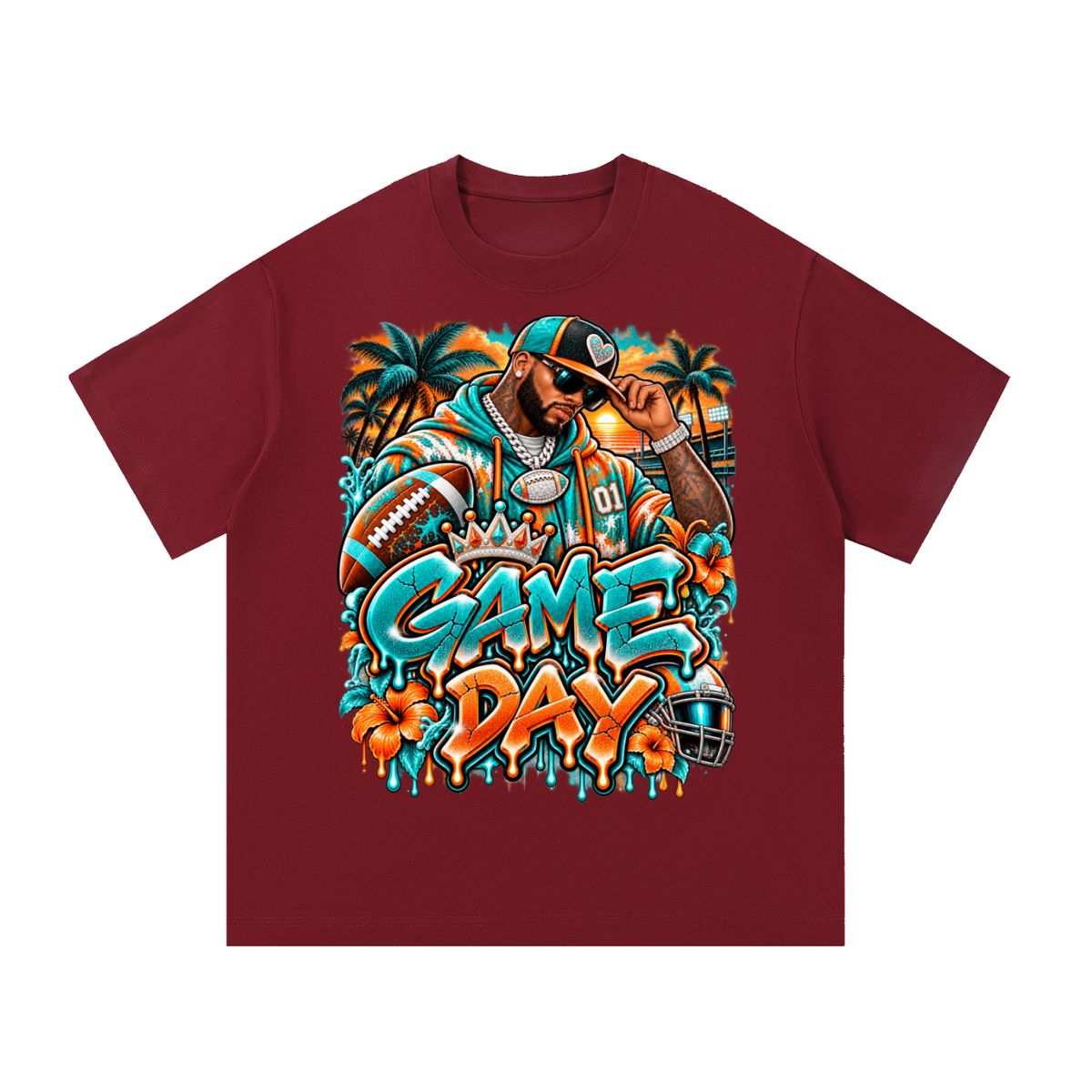 Tropical Game Day – Aqua & Orange Football Streetwear T-Shirt