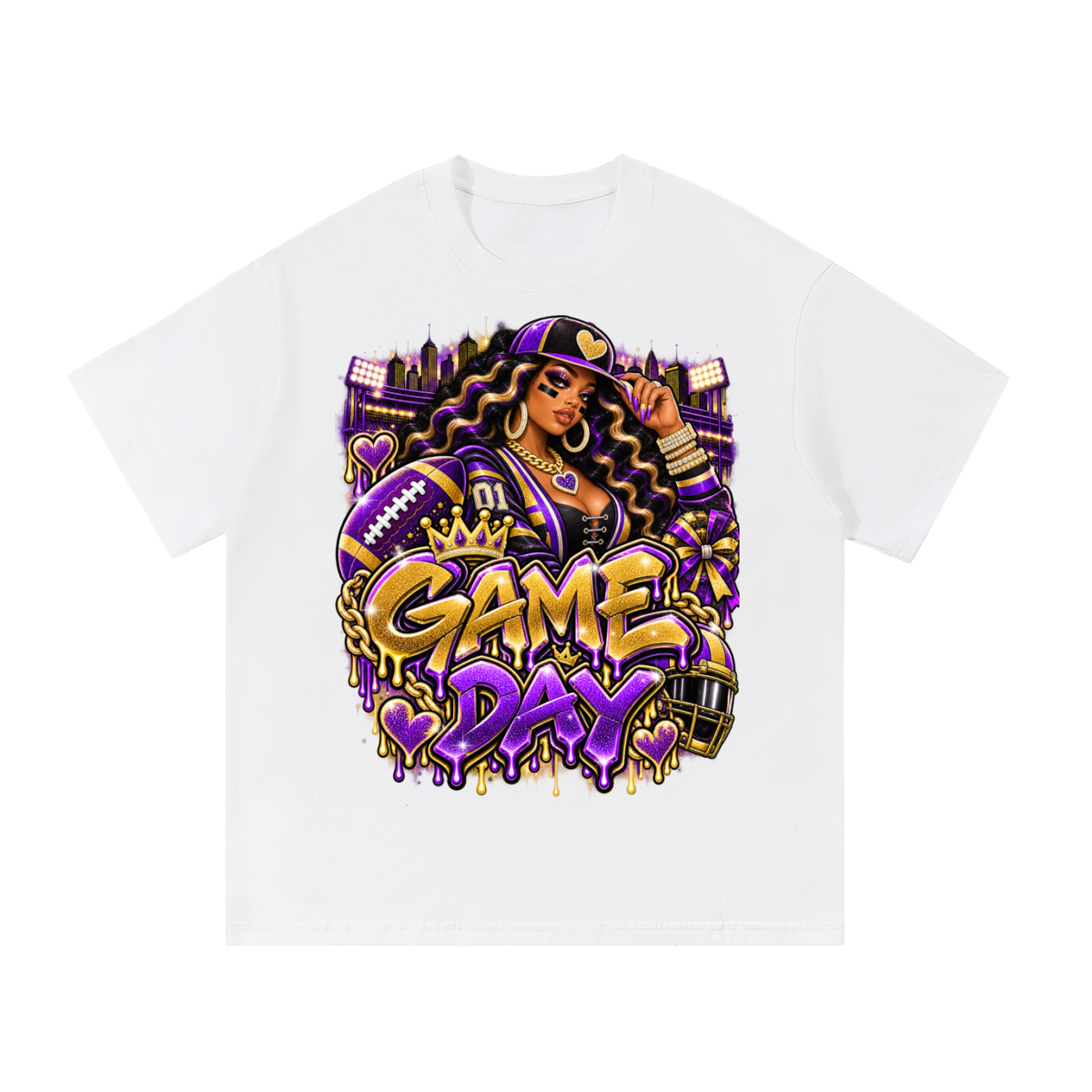 Purple & Gold Game Day Queen – Women's Football Graphic T-Shirt