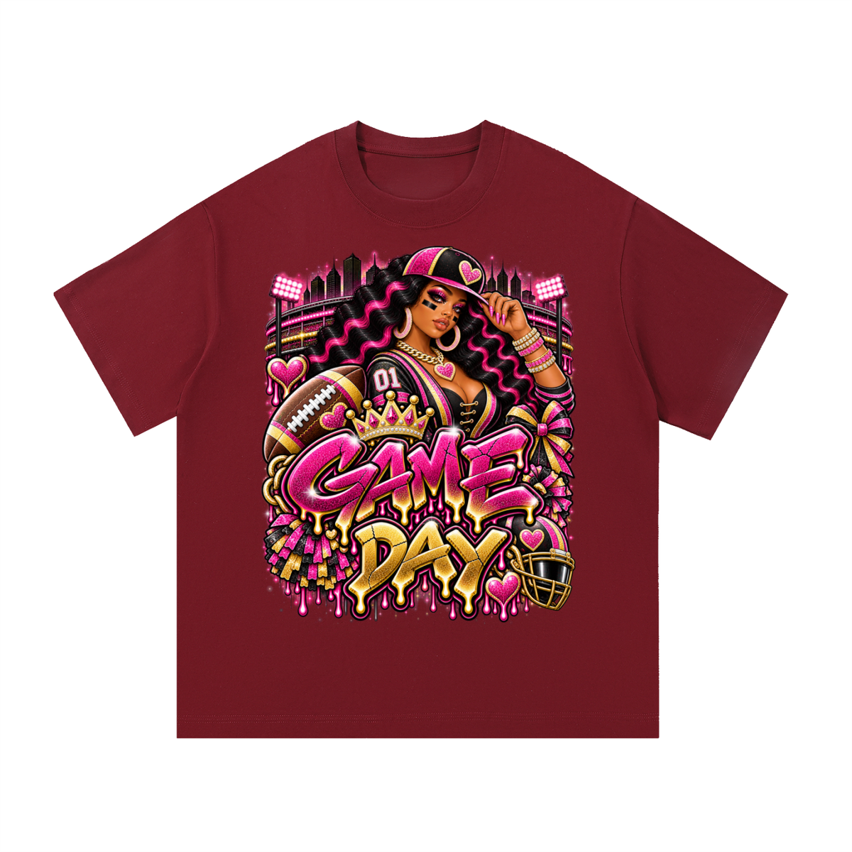 Pink & Gold Game Day Queen – Women's Football Graphic T-Shirt