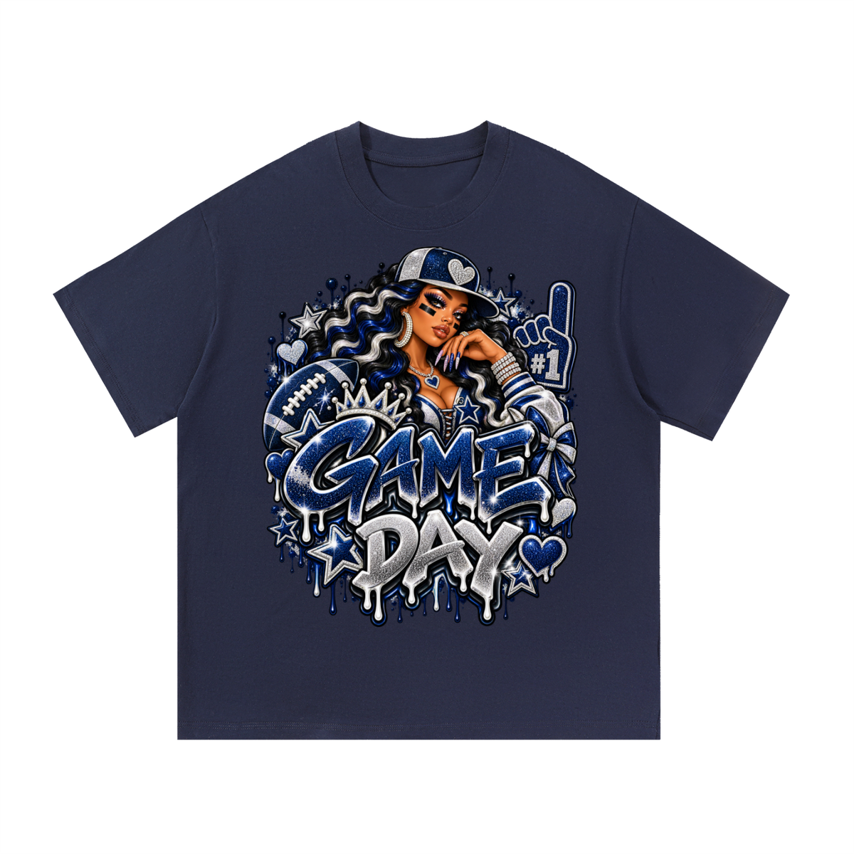 Silver & Navy Game Day Glam – Women's Football Graphic T-Shirt