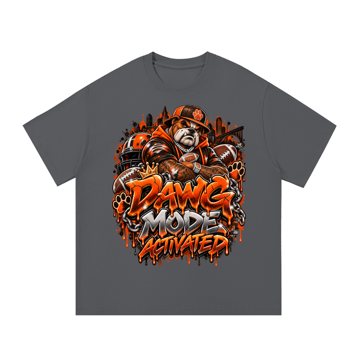 Dawg Mode Activated – Orange & Brown Football Graphic T-Shirt