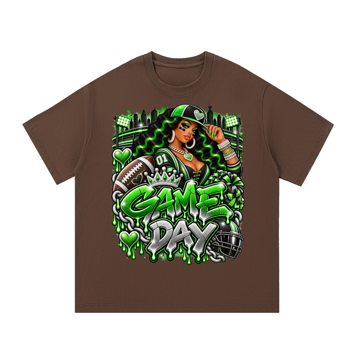 Neon Green Game Day Queen – Women's Football Graphic T-Shirt