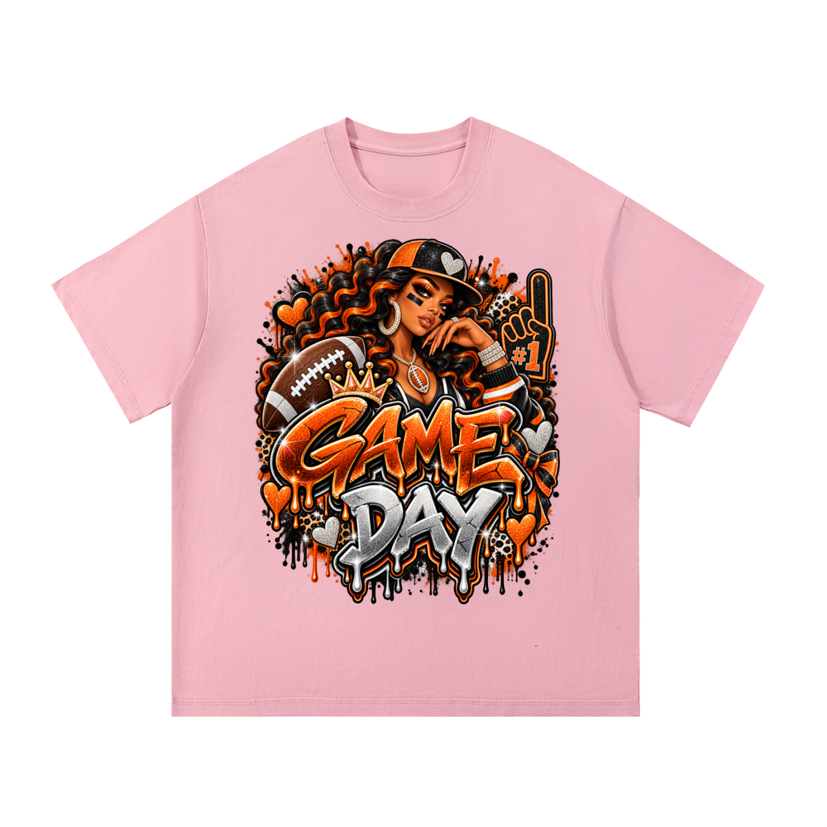 Orange & Black Game Day Queen – Football Glam Graphic T-Shirt