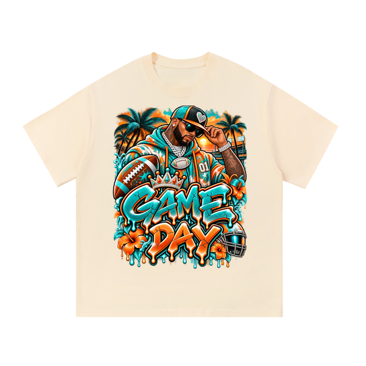 Tropical Game Day – Aqua & Orange Football Streetwear T-Shirt