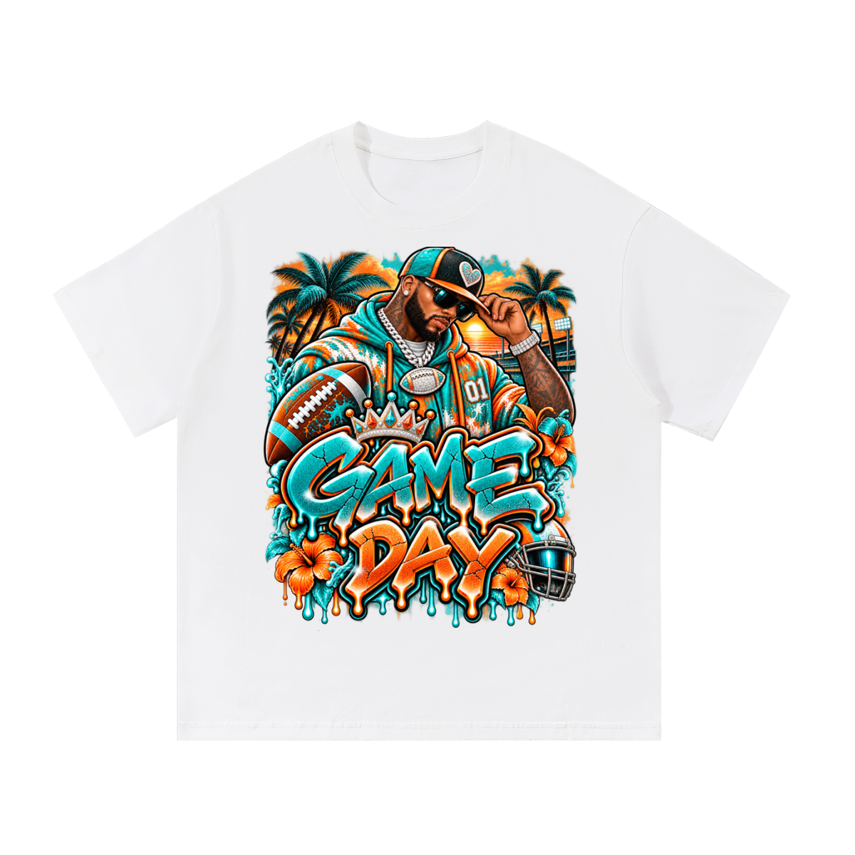 Tropical Game Day – Aqua & Orange Football Streetwear T-Shirt